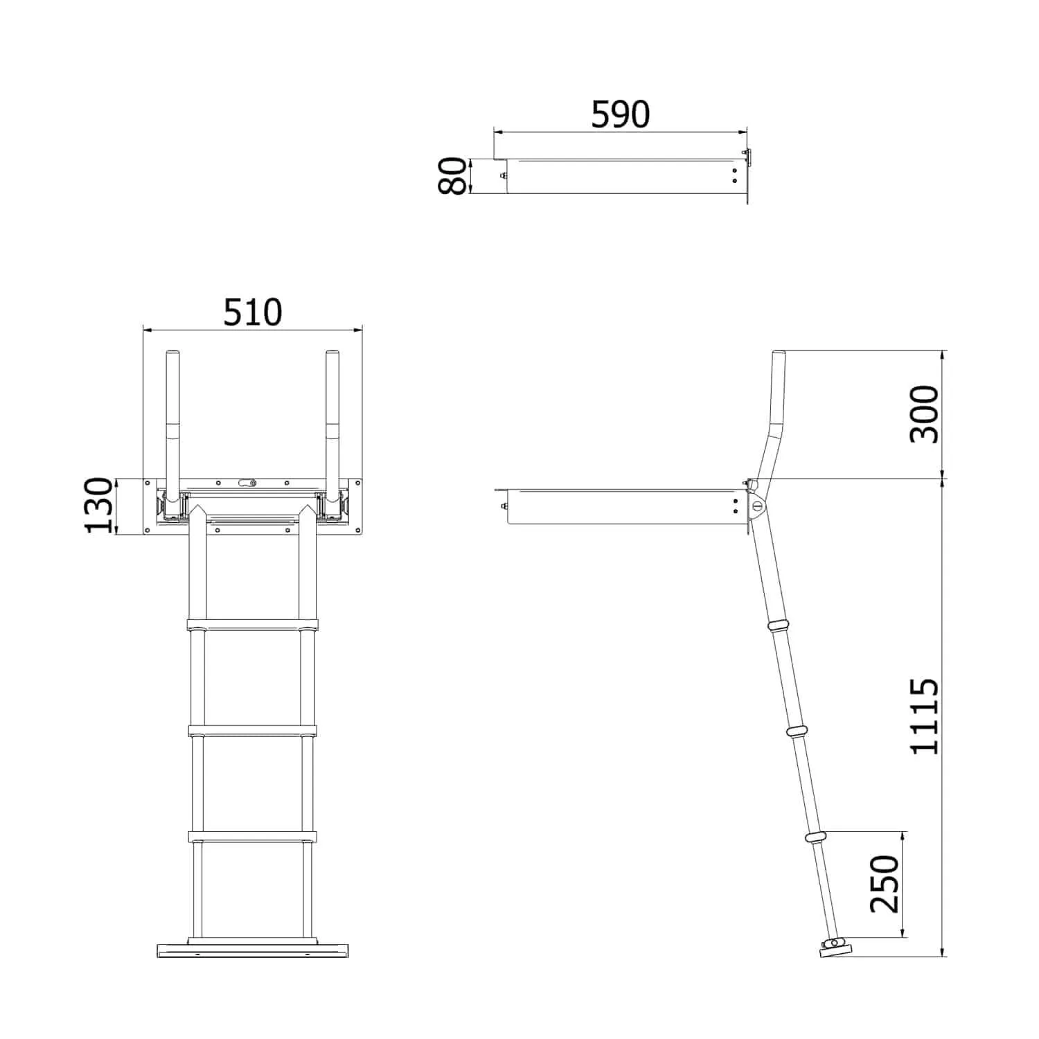 Escalera de baño empotrable telescópica con agarraderos escamoteables